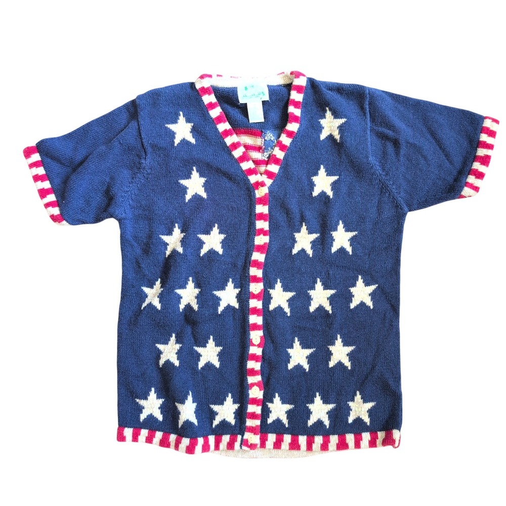 Quacker Factory Patriotic American Flag Star Americana Cardigan Sweater Blue M